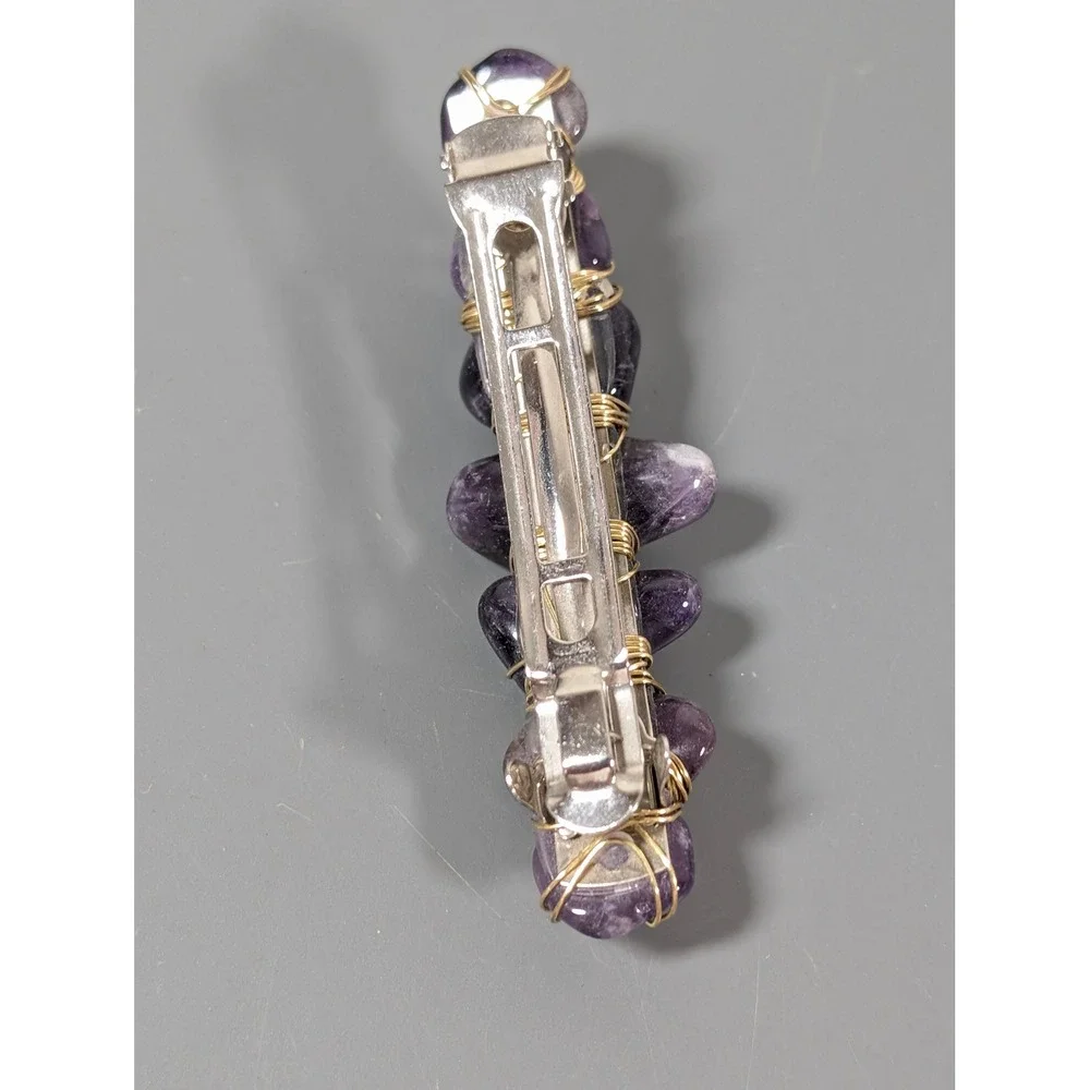 Artisan Purple Gemstone Wire Wrapped Hair Barrette Gold Tone Handmade